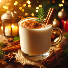 A glass mug of creamy eggnog topped with nutmeg powder and a cinnamon stick, cozy Christmas background, warm golden lighting, soft depth of field, realistic drink composition