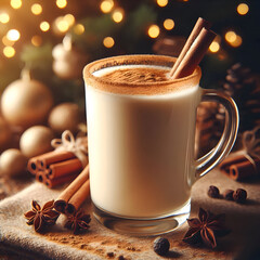 A glass mug of creamy eggnog topped with nutmeg powder and a cinnamon stick, cozy Christmas background, warm golden lighting, soft depth of field, realistic drink composition
