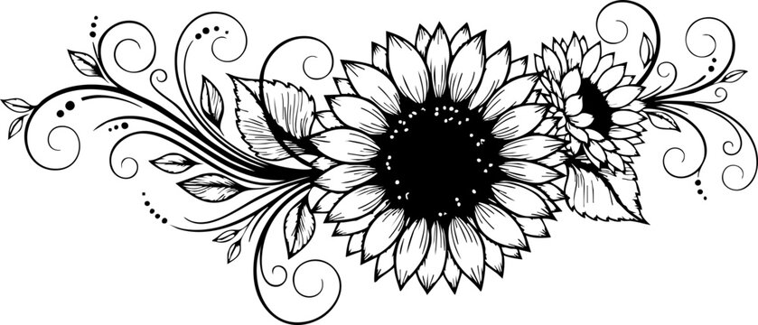 Elegant sunflower floral design element for invitations, tattoos, or branding projects offers a touch of nature with artistic flourishes and timeless appeal