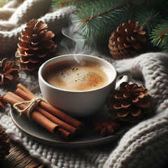 A steaming cup of coffee with cinnamon sticks beside it, surrounded by pinecones and a soft wool blanket, cozy winter morning mood, natural daylight, realistic textures, peaceful vibe