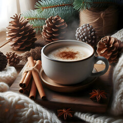 A steaming cup of coffee with cinnamon sticks beside it, surrounded by pinecones and a soft wool blanket, cozy winter morning mood, natural daylight, realistic textures, peaceful vibe