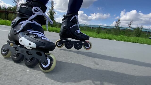 Close-up of a roller skate during skating. 