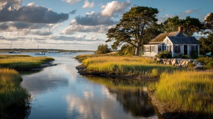 Obraz premium Idyllic coastal scene with cottage by tranquil river under cloudy sky
