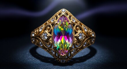 Fototapeta premium Ornate Gold Ring with Marquise Rainbow Gemstone jewelry