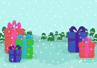 Winter Holiday Gifts in Snowy Landscape Colorful Christmas Presents Vector Illustration