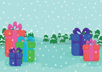 Winter Holiday Gifts in Snowy Landscape Colorful Christmas Presents Vector Illustration.eps