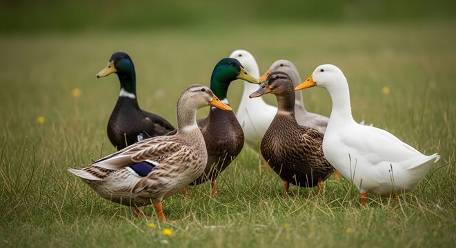 Charming gaggle of ducks waddling on lush green grass, bringing joy and wonder to nature themes and illustrating idyllic rural life in vibrant detail