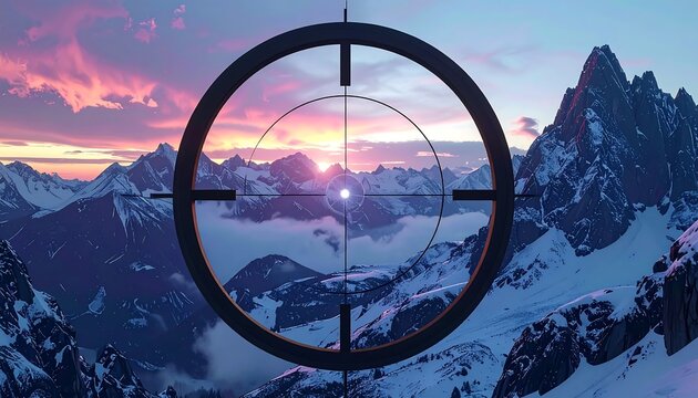 A scenic shot of a mountain range at dusk framed by a scope, revealing the setting sun. A mix of snow and green landscape