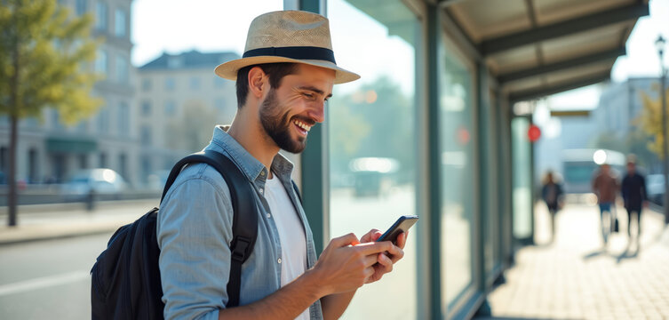 Cheerful man texts on phone at bus stop. Guy wears hat backpack in city. Tourist smiles at smartphone. Male traveller uses mobile device on street awaiting transport.