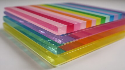 Obraz premium Colorful layered transparent stripes in a stack displaying vibrant rainbow hues