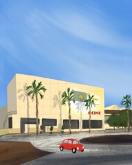  A digital illustration of a sunny urban scene features a beige cinema building with palm trees, a red vintage car, and a clear blue sky.