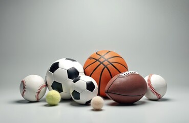 Assortment of diverse sports balls displayed against grey background. Soccer baseball basketball football tennis balls arranged. Concept of team sports equipment. Various sports play games.