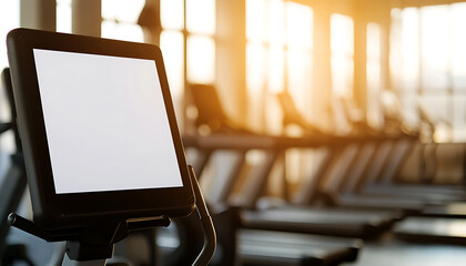 Fitness center monitor displays a bright, blank screen, surrounded by exercise equipment bathed in the warm glow of sunlight streaming through the windows.
