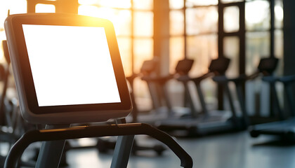 Gym Equipment Interface: Modern fitness machine with a blank digital display screen for custom workouts and health tracking in a bright, sunny gym setting.