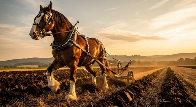 Powerful draft horse plows fertile field at golden hour, showcasing agricultural tradition and natural beauty in a breathtaking rural landscape.