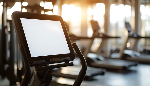 Close-up of cardio machine with blank screen in a sun-lit gym setting. Focus on fitness tech, exercise equipment, and wellness.
