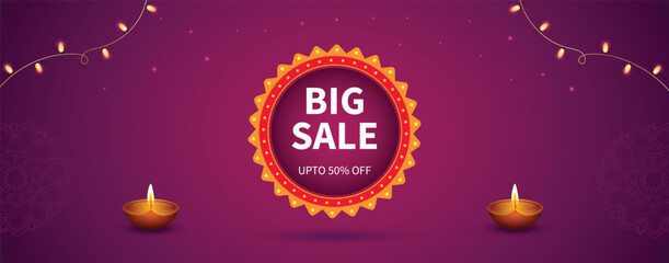 Happy Diwali, big sale banner with diya and mandala design