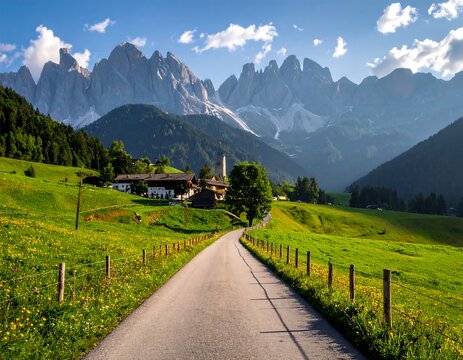 A scenic shot of a paved road leading to a charming village nestled between vibrant green fields and majestic, towering mountain peaks under a bright, partly cloudy sky