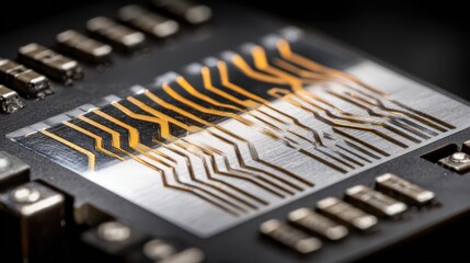 Close up view of advanced circuit board connector with gold traces and electronic components