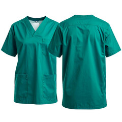 Front and back view of a teal green medical scrub top, showcasing details like pockets and neckline