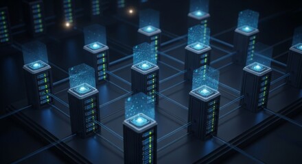 Futuristic digital server room with glowing blue data towers interconnected in a grid, representing cloud computing, data storage, networking, cybersecurity, and advanced information technology.

