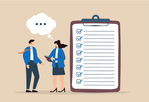Businesswoman conducting interview with checklist concept thorough candidate assessment systematic evaluation detailed questioning