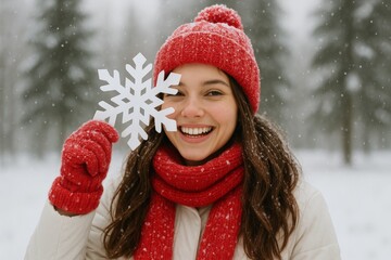 Smiling woman in red winter clothes holding snowflake in snowy forest, celebrating Christmas and New Year joyfully outdoors in winter season. Ai generative