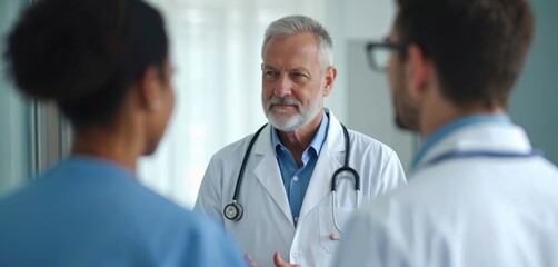 Experienced male doctor discusses patient care with diverse medical team in busy, pro modern hospital setting. Senior physician mentors younger doctors, nurses, sharing valuable knowledge about
