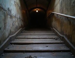 Obraz premium Old wooden stairs lead down to dark, gloomy underground tunnel. Single light bulb shines faintly at far end of creepy, mysterious passage. Dirty concrete walls line forgotten, abandoned basement