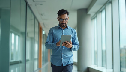 Indian businessman walks in office hallway looking at digital tablet. Professional man in blue shirt holds tab while walking. He appears to be checking data on his device.
