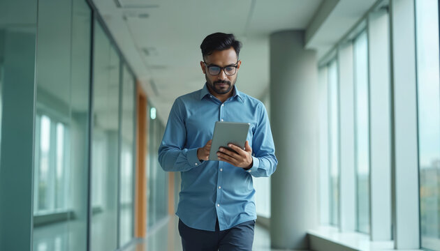 Indian businessman walks in office hallway looking at digital tablet. Professional man in blue shirt holds tab while walking. He appears to be checking data on his device. - Powered by Adobe