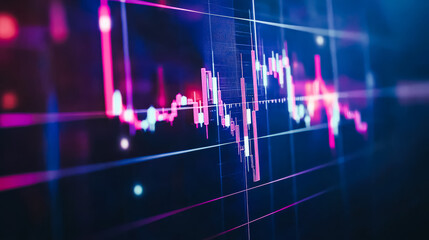 Vibrant financial graph displays dynamic candlestick patterns and colorful lines, illustrating market trends and fluctuations in a digital trading environment filled with data analysis