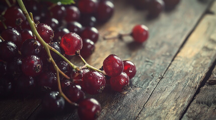 Close-up of fresh, glossy red berries on branches, resting on weathered wooden surface