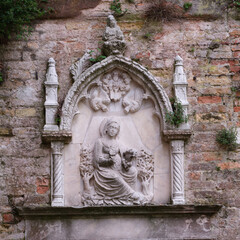 Gothic Stone Religious Relief Madonna Child Weathered Wall Niche
