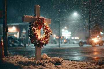 White cross decorated with a lit christmas wreath standing in falling snow at night, with blurred city lights and a vehicle in the background, symbolizing faith during winter holidays