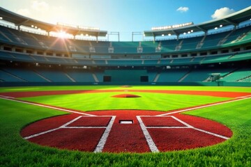 Obraz premium Sunny Baseball Field Ready for Action Vibrant Green Grass, Fresh Bases, Pitchers Mound, Exciting Game Anticipation