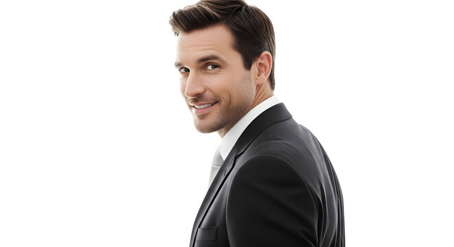 Confident professional man in sharp suit smiling warmly, exuding trustworthiness and success for your business needs.