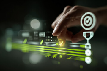 Close-up of hand engaging with digital interface featuring checkmarks and icons, symbolizing progress and success in a contemporary tech setting