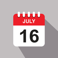 16 july calendar date icon. vector illustration with shadow design