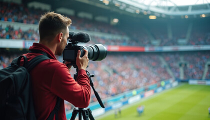 Reporter films game on camera. Man records sports event at stadium. Cameraman shoots soccer match with telephoto lens on tripod. Pro photographer documents action on field during day.