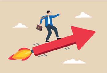 Flat illustration of businessman riding rising up arrow with rocket booster investment growth startup success boost profit earning increase market return launch project or improvement 