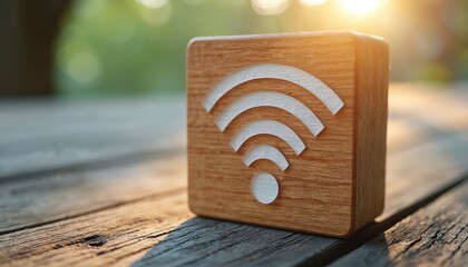 Wooden block with wifi symbol on rustic table outdoors. Wireless internet connection concept. Free network access, digital communication, tech innovation. Sunlight highlights the object in the photo.