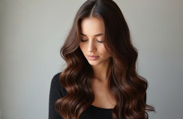 Naklejka premium Beautiful young model with long wavy brown hair, perfect salon hairstyle. She shows shiny natural curls, healthy beauty. Calm face, closed eyes, reflects wellness, elegance, self-care in clean studio.