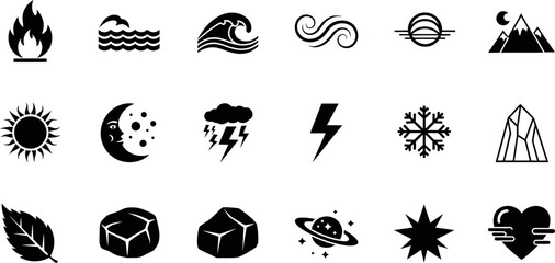 Collection of elemental icons representing fire water wind and earth simple flat vector glyphs for infographic and ui design