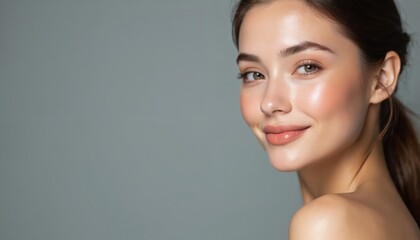 Glamour portrait of young woman on gray backdrop. Skin looks perfect with natural makeup. Beauty treatment session in wellness center. Facial skincare. Face rejuvenation with cosmetic. Youth,