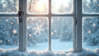 Winter scene through frosted window with falling snow. Snowflakes adorn glass frame snowdrift in the foreground. Peaceful winter landscape with light and dreamy atmosphere.