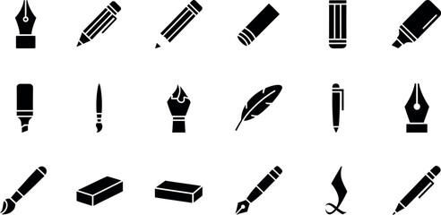 Set of writing and drawing tools icons including pens pencils brushes and erasers simple flat vector glyphs isolated on white background