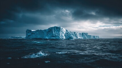 Majestic iceberg floating in dark ocean under dramatic cloudy sky