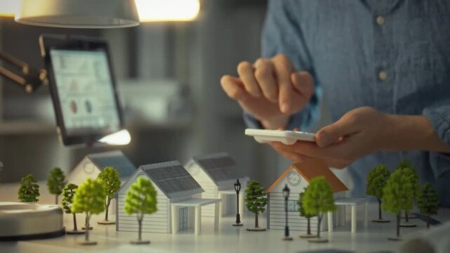 An engineer designer performs calculations on an office calculator against the backdrop of models of private homes designed with sustainable green energy in the form of solar panels. Modern homes