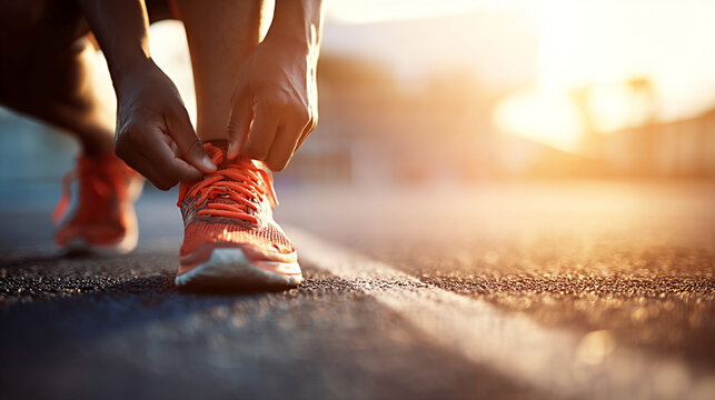 Athlete tying running shoes on track in morning sunlight, showcasing focus and determination, preparing for an energetic workout session outdoors